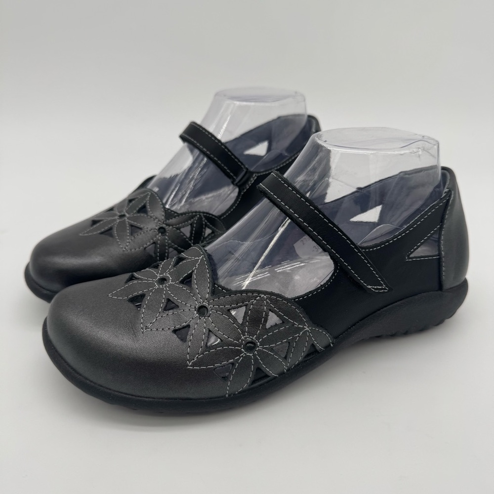 Naot Black Floral Cutout Mary Jane Flats